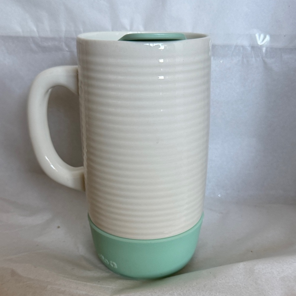 Ceramic Travel Mug with Mint Accent - White & Mint - Picture 2 of 6